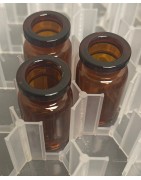 ISO 2R Amber Open Sterile Vials, Nested Tray of 228 pieces. This image shows a close up of the nested tray configuration.