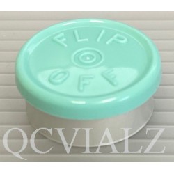 20mm Faded Turquoise Blue Flip Off® Vial Seals, West Pharma, Pack of 100 pieces. QCVIALZ catalog no. FO20FTB-100