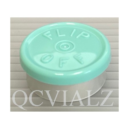 20mm Faded Turquoise Blue Flip Off® Vial Seals, West Pharma, Pack of 100 pieces. QCVIALZ catalog no. FO20FTB-100