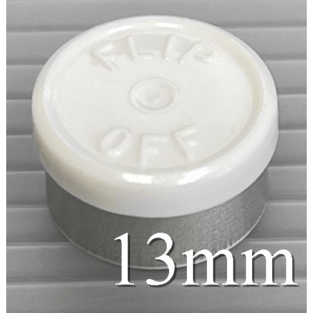 White 13mm Flip Off® Vial Seals, West Pharmaceutical. QCVIALZ catalog SKU FO13WHT-100