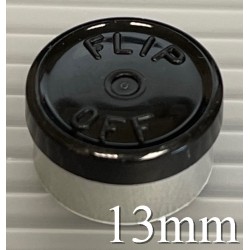 Black 13mm Flip Off® Vial Seals, manufactured by West Pharmaceutical. QCVIALZ catalog SKU No. FO13BLK-1K