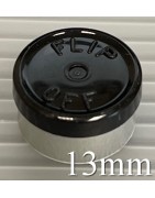 Black 13mm Flip Off® Vial Seals, manufactured by West Pharmaceutical. QCVIALZ catalog SKU No. FO13BLK-1K