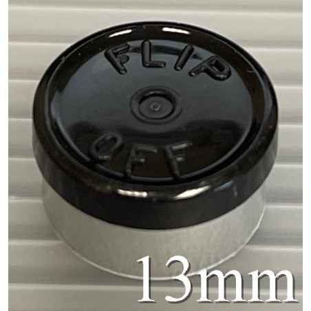 Black 13mm Flip Off® Vial Seals, manufactured by West Pharmaceutical. QCVIALZ catalog SKU No. FO13BLK-1K