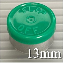 Green 13mm Flip Off® Vial Seals, manufactured by West Pharmaceutical. QCVIALZ catalog SKU FO13GRN-1K