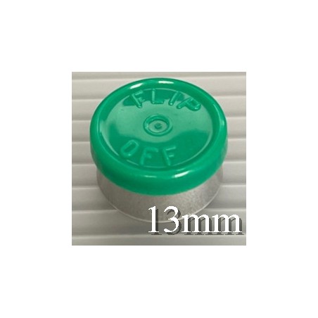 Green 13mm Flip Off® Vial Seals, manufactured by West Pharmaceutical. QCVIALZ catalog SKU FO13GRN-1K
