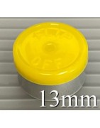 Yellow 13mm Flip Off® Vial Seals, manufactured by West Pharmaceutical. QVIALZ catalog SKU no. FO13YEL-1K