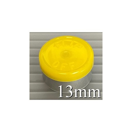 Yellow 13mm Flip Off® Vial Seals, manufactured by West Pharmaceutical. QVIALZ catalog SKU no. FO13YEL-1K