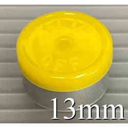 Yellow 13mm Flip Off® Vial Seals, manufactured by West Pharmaceutical. QVIALZ catalog SKU no. FO13YEL-100