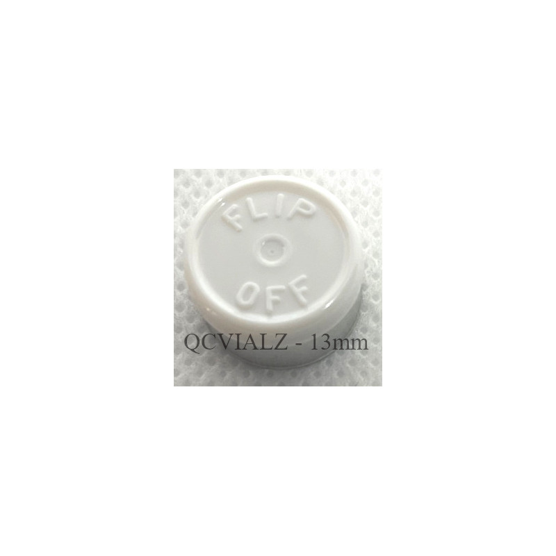 White 13mm Flip Off® Vial Seals, West Pharmaceutical. QCVIALZ catalog SKU FO13WHT-1K