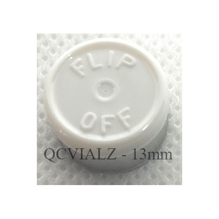 White 13mm Flip Off® Vial Seals, West Pharmaceutical. QCVIALZ catalog SKU FO13WHT-1K
