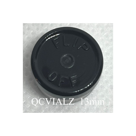 Black 13mm Flip Off® Vial Seals, manufactured by West Pharmaceutical. QCVIALZ catalog SKU No. FO13BLK-1K