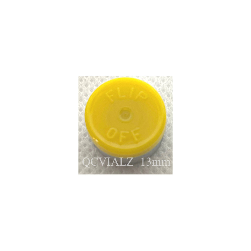 Yellow 13mm Flip Off® Vial Seals, manufactured by West Pharmaceutical. QVIALZ catalog SKU no. FO13YEL-1K