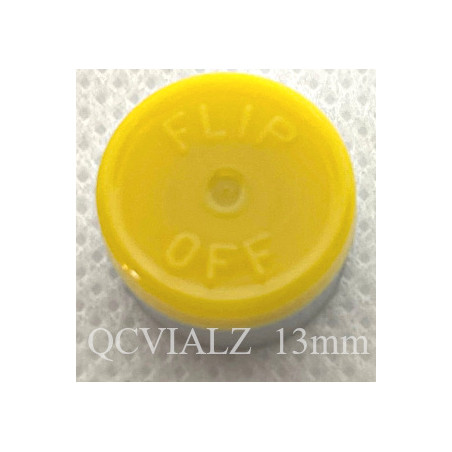 Yellow 13mm Flip Off® Vial Seals, manufactured by West Pharmaceutical. QVIALZ catalog SKU no. FO13YEL-1K