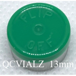 Green 13mm Flip Off® Vial Seals, manufactured by West Pharmaceutical. QCVIALZ catalog SKU FO13GRN-1K