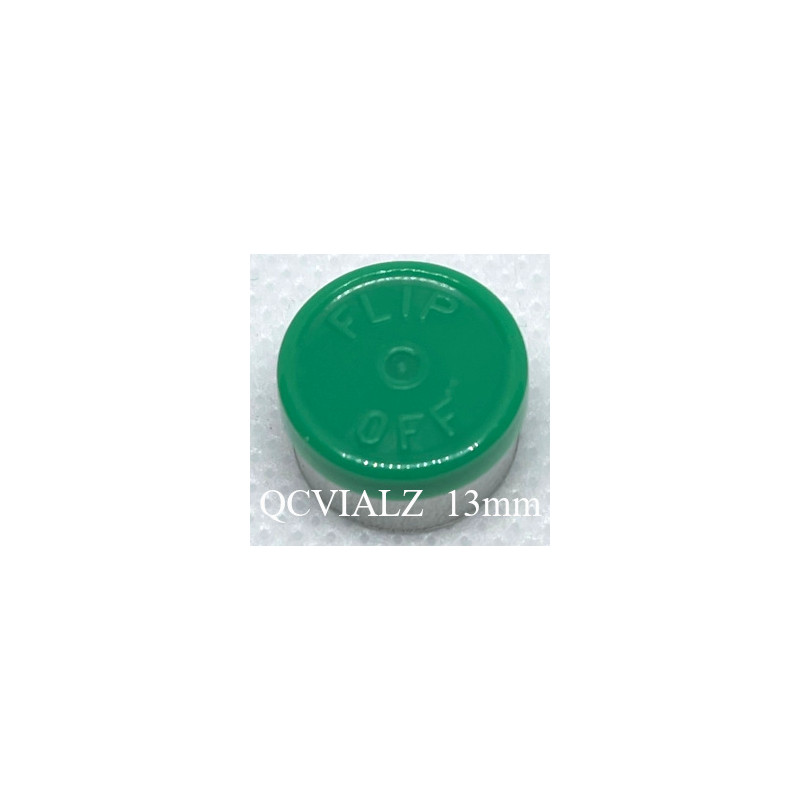 Green 13mm Flip Off® Vial Seals, manufactured by West Pharmaceutical. QCVIALZ catalog SKU FO13GRN-1K
