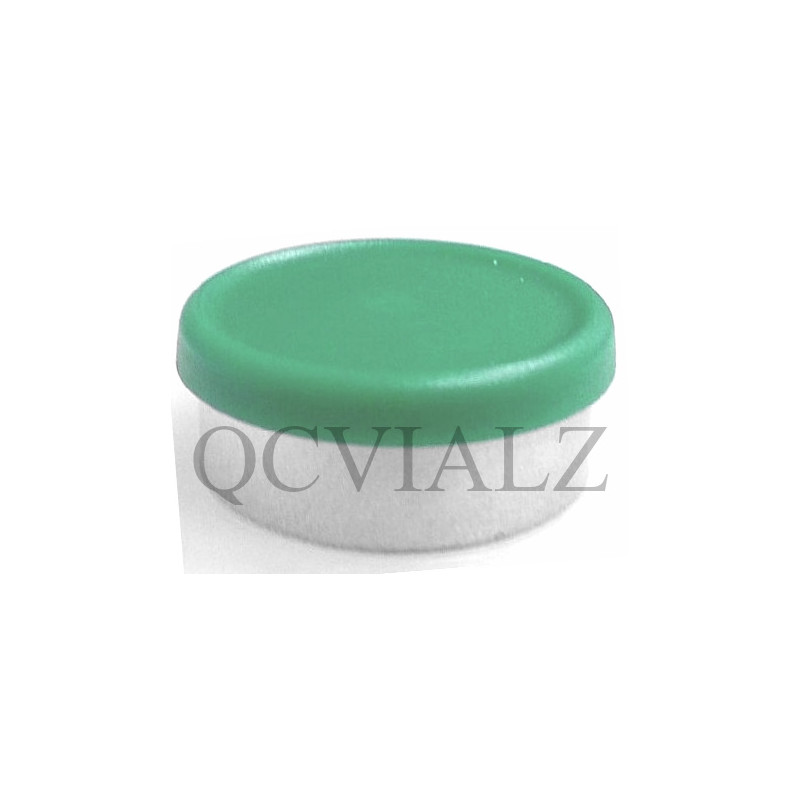West Matte 20mm Green Flip Cap Vial Seals, manufactured by West Pharmaceuticals. QCVIALZ catalog no. WMC20GRN-100