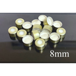 8mm Gold Aluminum Vial Seals with PTFE Teflon Septa. QCVIALZ catalog no SAS08PTFE-G100