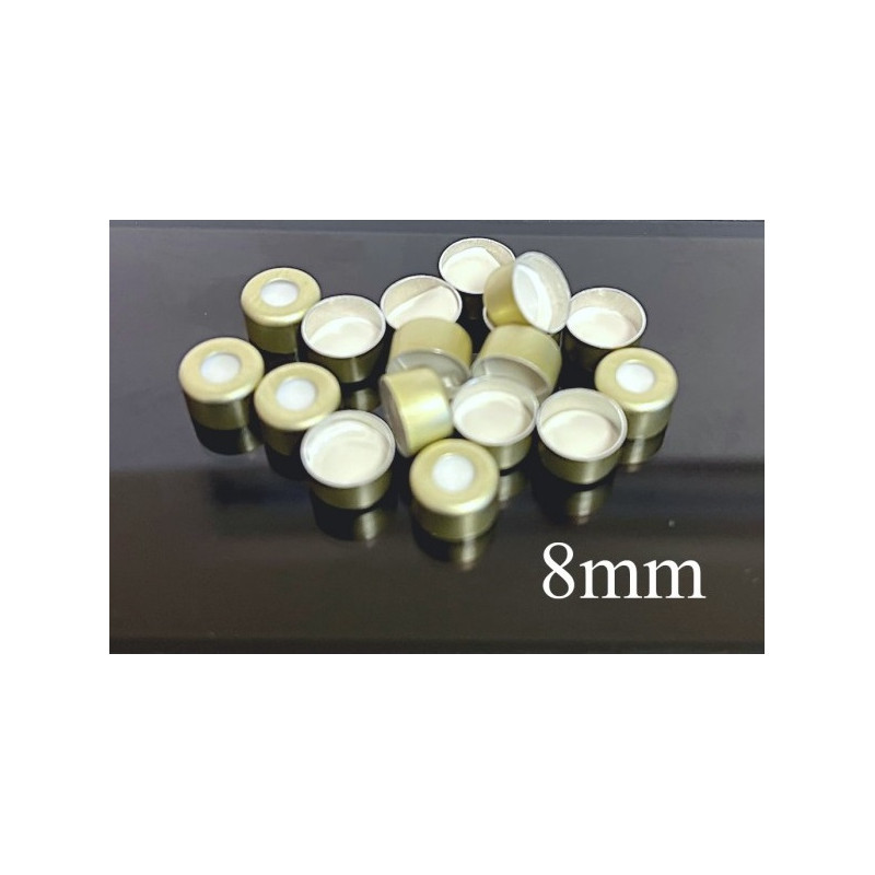 8mm Gold Aluminum Vial Seals with PTFE Teflon Septa. QCVIALZ catalog no SAS08PTFE-G100