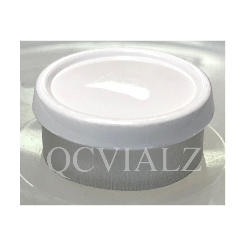 White 20mm Superior Flip Cap Vial Seals, Pack of 100. QCVIALZ catalog no.  SFC20WHT-100