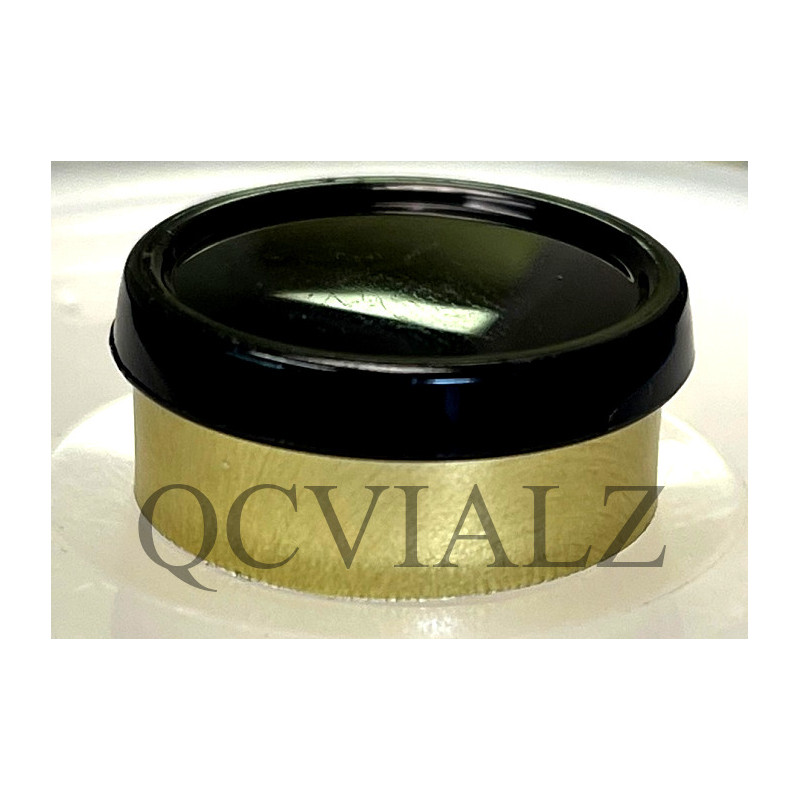 Black on Gold 20mm Superior Flip Cap Vial Seals, Pack of 100 pieces. QCVIALZ catalog no. SFC20BKG-100