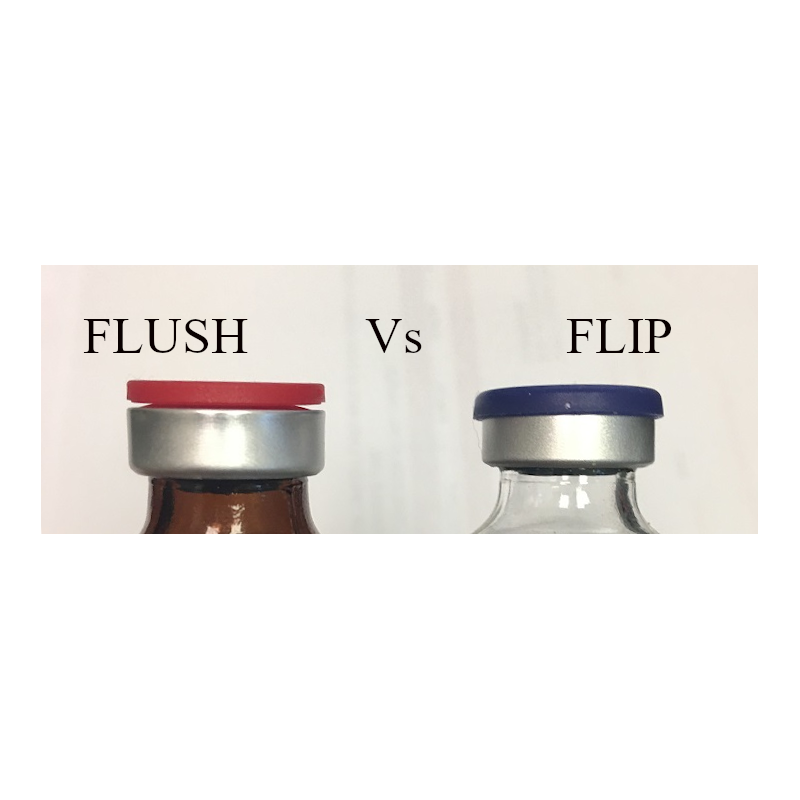 This image shows the difference between a FLUSH flip cap vial seal (LEFT)  versus a standard Flip Cap vial seal (RIGHT)