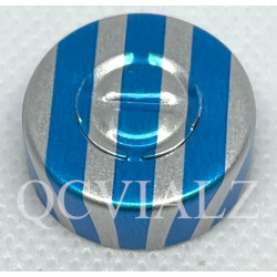 Blue Stripe 20mm Center Tear Out Unlined Aluminum Vial Seals, Pack of 100. QCVIALZ item no. SAS20BLS-100