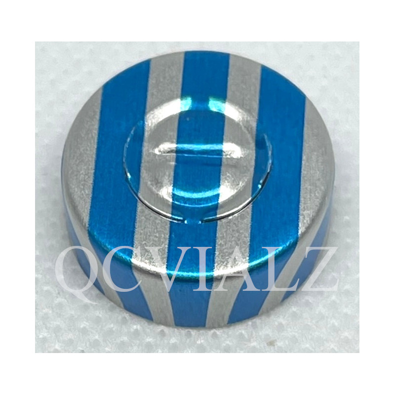 Blue Stripe 20mm Center Tear Out Unlined Aluminum Vial Seals, Pack of 100. QCVIALZ item no. SAS20BLS-100