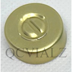 Gold 20mm Center Tear Out Unlined Aluminum Vial Seals, Pack of 100. QCVIALZ catalog number SAS20GLD-100